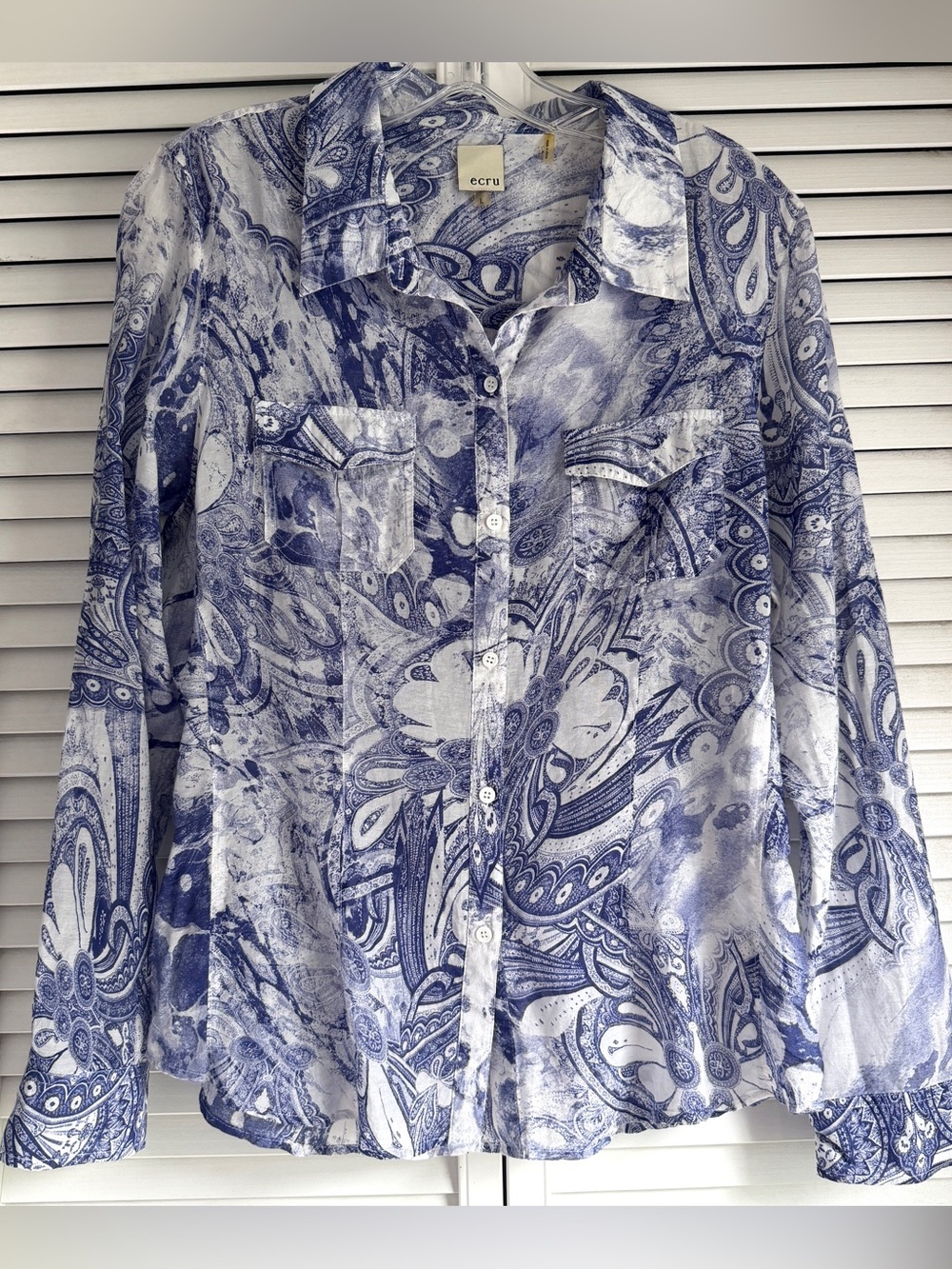L💙 ecru Blue Paisley Print Cotton Silk Convertible Long Sleeve Button Down Shirt